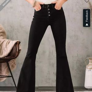 Black button fly flare denim jeans